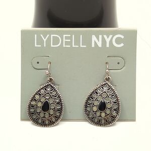 Lydell NYC - Teardrop Filigree Dangle Earrings - Black Sage Silver Tone